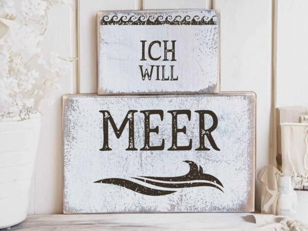 2-er Set Shabby Chic Schilder, "Ich will Meer", Mini Deko Schilder, Geschenk Globetrotter, Reise, Retro Aufsteller, Vintage Holz-Dekoration